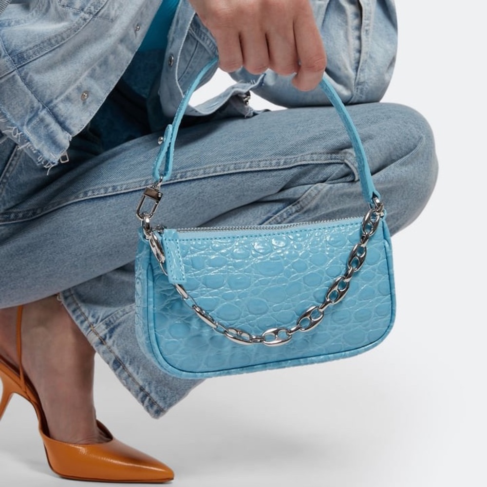 NEW BY FAR Mini Rachel Exclusive Green Lizard Embossed Leather Top Handle Bag